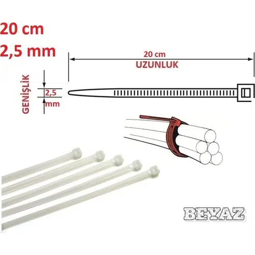Pemsan 20CM x 2,5mm Plastik Cırt Kelepçe ( Kablo Bağı ) Saydam-Beyaz