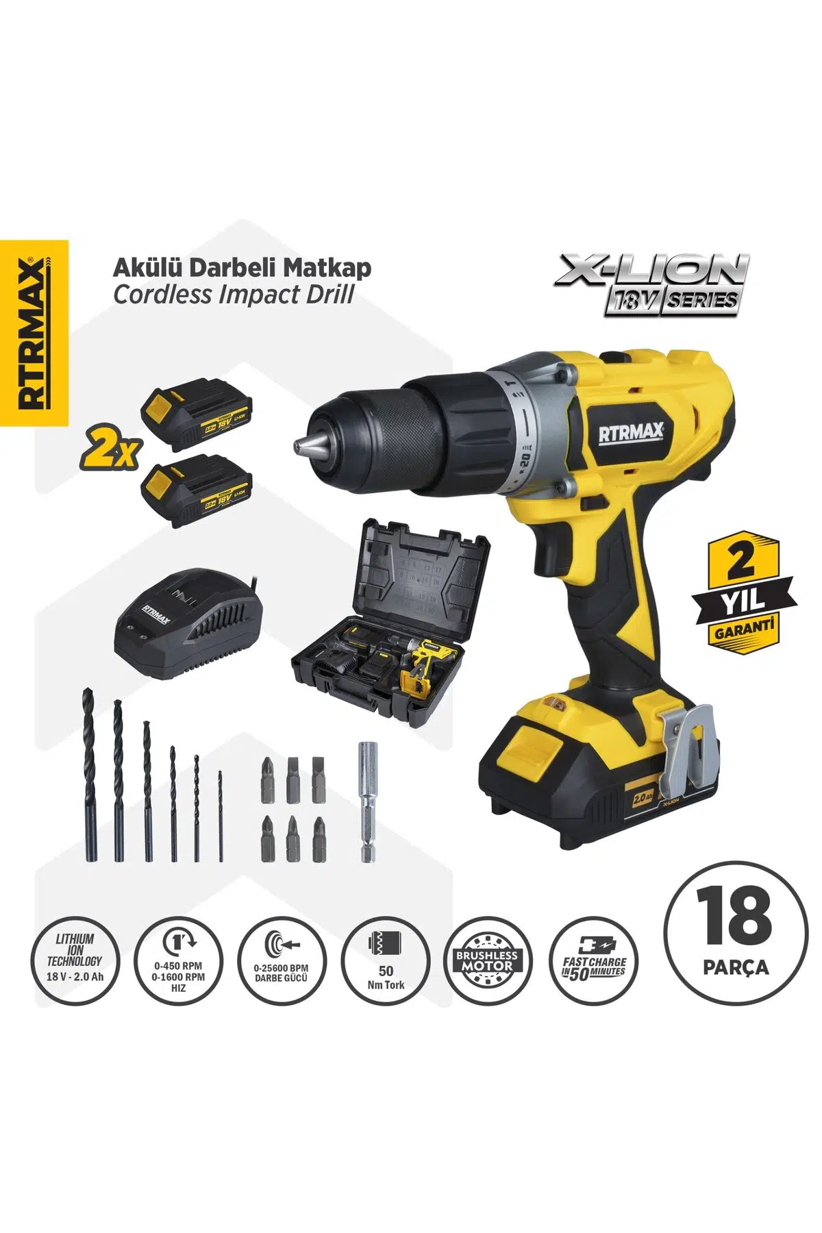 Rtx1820 Şarjlı Darbeli Matkap 50 Nm 2x2 Ah Çift Akü X-lion - Akü Dahil